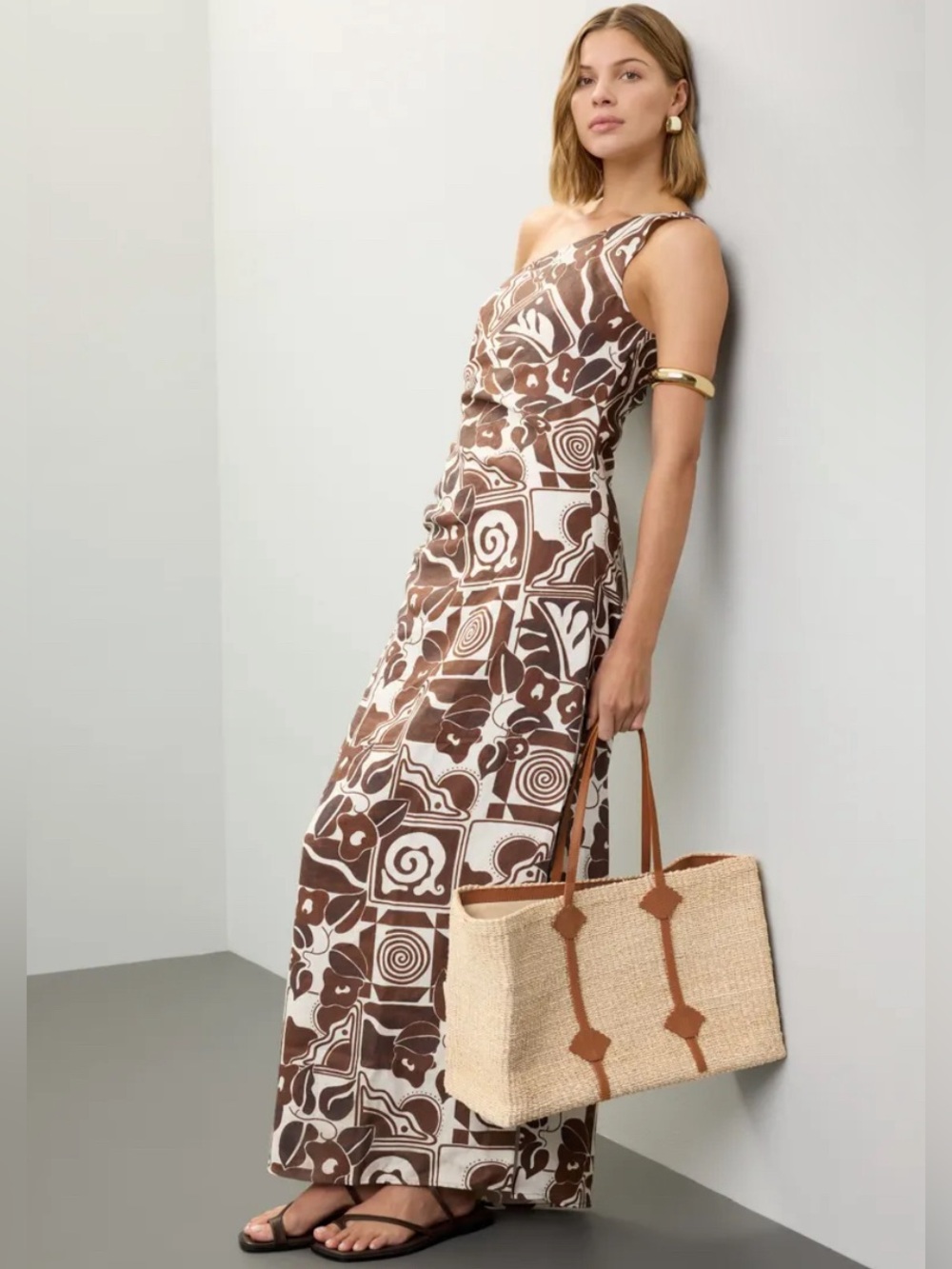 Mara Hoffman Brown and Cream One-Shoulder Dress size 10 NEW